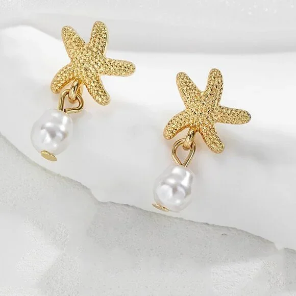 Women's Gold Starfish Dangle Earrings Dainty Pearl Ocean Beach Jewelry Gifts - Picture 6 of 7